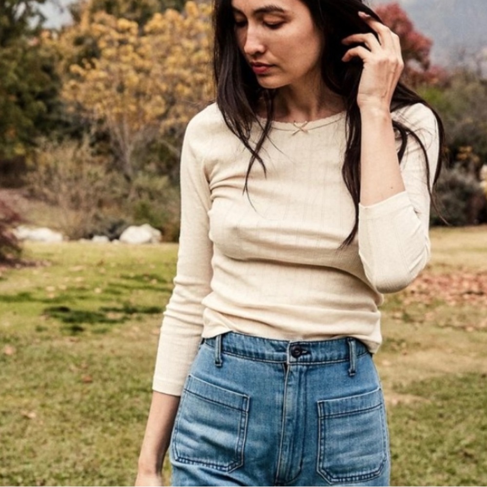 NWT Doen Anne Tee Sz Small Long sleeve in Ivory Pointelle with Bow